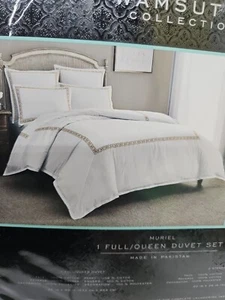 Wamsutta Duvet Set Full queen MURIEL 100% Cotton White Gold Embroidered Border - Picture 1 of 8
