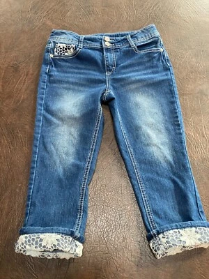 Girl's Size 12 FADED GLORY Jeans Cropped Heavy Stitching Crochet Lace Adj. Wais - Image 1 of 4