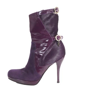 Versace Boots Platform Heels Purple Plum Suede Pony Hair Buckle Logo UK 3 EUR 36 - Picture 1 of 21