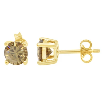 Серьги-гвоздики из желтого золота 14 карат с круглым подлинным красным муассанитом 1,20 карата - Изображение 1 из 3