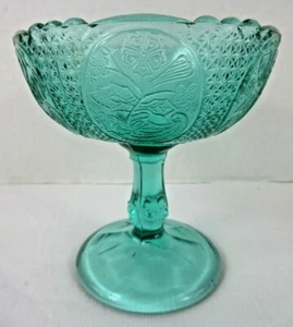 Vintage verde acqua piedistallo vetro composta piatto caramelle floreale RARO 4,75 in - Foto 1 di 10