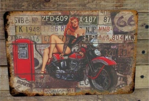 Redhead Pinup Girl in Lingerie Motorcycle Sign Vintage Look Metal Poster - Picture 1 of 2