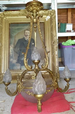 Napoleon III chandelier ceiling light, 3 arms, 4 flame shades, 5 lights, 1m High Cover
