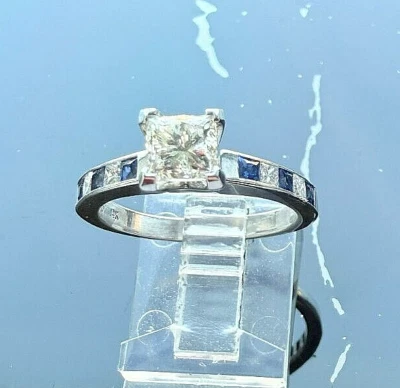 ANILLO ORO BLANCO 14K CORTE PRINCESA DIAMANTE NATURAL Y ZAFIRO TALLA 6.75 TDW 1.7 Foto 1 de 4