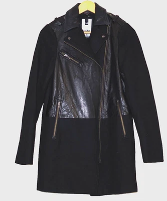 Soia & Kyo Negro Mezcla Lana Cuero Panel Chaqueta Cremallera Mujer Abrigo Talla XS Foto 1 de 4