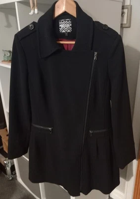 NEXT Women’s Black Asymmetric Zip Coat Size 12 – Red Lining, Epaulettes, Smart W - Image 1 of 4