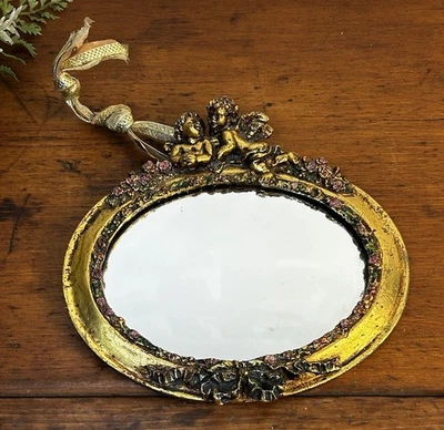 Mini espejo dorado vintage con ángeles querubines Momparler 1870 Foto 1 de 4
