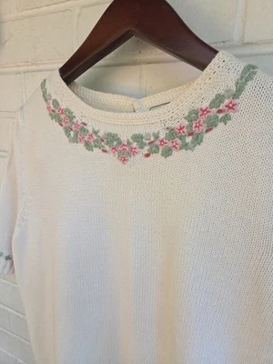 Vtg L.L Bean Womens Large Sweater Short Sleeve Embroidered Floral Granny Core  - Image 1 of 4