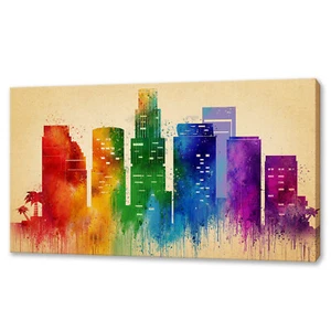 Los Angeles Colourful Watercolour Skyline Landmarks Canvas Print Wall Art - Picture 1 of 8