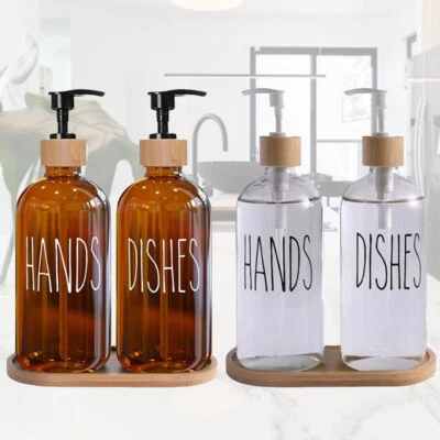 Set Glass Soap Dispenser Dishes Hand Kitchen Pump Bottle Refillable Bamboo Tray - image 1 of 4