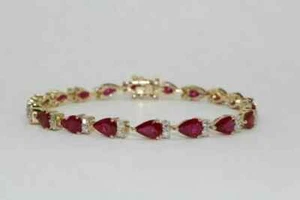 6 Ct Pear Cut Lab Created Ruby Women's Tennis Bracelet 14K Yellow Gold Finish - Picture 1 of 5