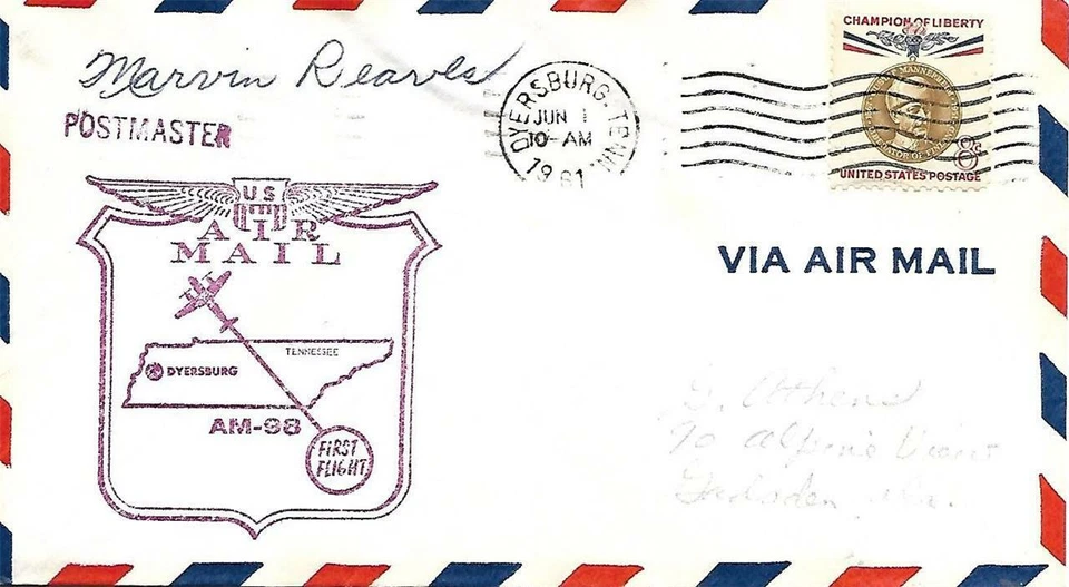 First Airmail Flight Cover Dyersburg TN June 1 1961 AAMC#98E71 - Image 1 of 1