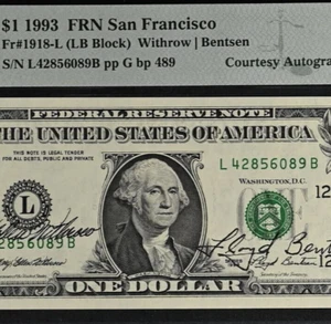 1993 $1 Federal Reserve Note - PMG 63EPQ - Dual Autograph - Withrow / Bentsen - Picture 1 of 3