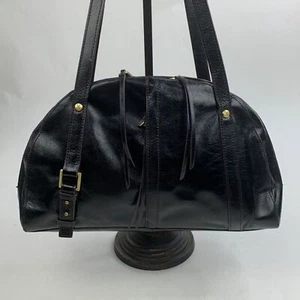 Hobo Black Leather Shoulder Bag Gold zip close Blue floral lined Pockets Rare! - Picture 1 of 15