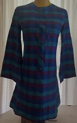 Vintage 60’s Silk Shantung Lined Shift Dress Striped Cubed Pattern Bell Sleeves - Image 1 of 3