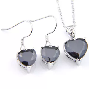 Woman Jewelry Set 2 Pcs 1 Lot Heart Style Black Onyx Silver Pendant Earrings - Picture 1 of 9
