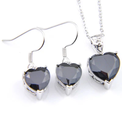 Woman Jewelry Set 2 Pcs 1 Lot  Heart Style Black Onyx Silver Pendant Earrings - Image 1 of 4