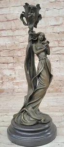 Jugendstil Deko weiblich figurativer Kerzenhalter Bronze Skulptur Marmorsockel - Bild 1 von 10