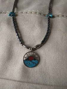 Southwestern SUNRISE Necklace Crushed Turquoise Red Coral Hematite Beaded - Picture 1 of 8