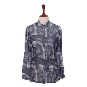 Womens Silky Chiffon Shirt Blue Graphic Print Blouse Button Up Dressy Top Medium - Picture 1 of 7