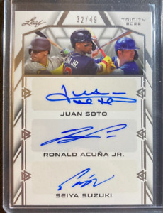 Ronald Acuna/Juan Soto/Suzuki Triple AUTO #/49 Leaf Trinity 2022 Autograph Seiya