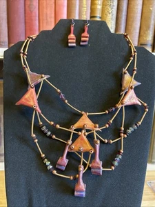 Vintage Handcrafted Leather Coil Jewelry Set Boho Necklace Drop Earrings - Picture 1 of 6