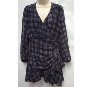 New Lipsy Size 10 Black Chiffon Long Sleeve Check Wrap Dress Plunge Neck - Picture 1 of 10
