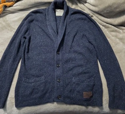 Suéter Hollister Para Hombres Grande Azul Chal Cuello Cárdigan Trapo Bolsillos Exterior Foto 1 de 4