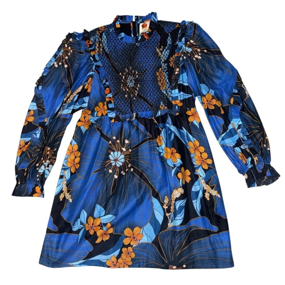 Farm Rio NWT Pietra floral mini dress blue orange ruffle women’s size XL - Image 1 of 4