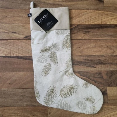 RALPH LAUREN Gold Pine CHRISTMAS STOCKING Evergreen Branches Pinecones - Image 1 of 4
