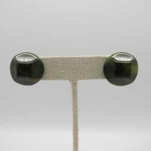 Vintage Button Earrings 0.75" Green Bakelite Antiqued Brass Tone Screw Back *
