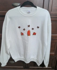 Sudadera Jerzees Adulto Blanco Polar Con Apliques de Calabaza y Hojas de Otoño Talla L - Imagen 1 de 6