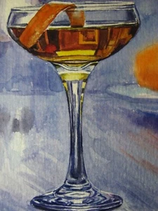 Aquarell Gemälde Cocktail Alkohol Getränk Glas Bar ACEO Kunst - Bild 1 von 2