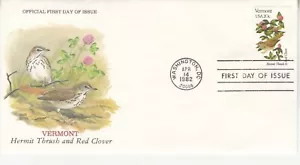 USA 1982. Vermont. Hermit Thrush and Red Clover. 1st day of issue FDI 20c - Picture 1 of 1
