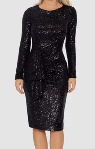 Xscape Women's Black Long-Sleeve Ruffle-Front Sequin Dress Size 12 - Picture 1 of 2