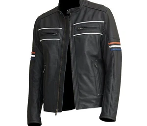 Men's Cafe Racer Vintage Retro Black Genuine Leather Biker Motorcycle Jacket - Picture 1 of 4