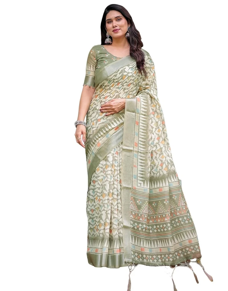 Sari estampado de lino de algodón para mujer con pieza de blusa sin costuras Foto 1 de 1