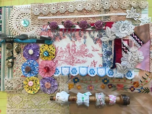Slow Stitch Kit Pack Shabby Vtg Fabric Lace Floss Scrap Button YoYos Craft 50 Pc - Picture 1 of 6