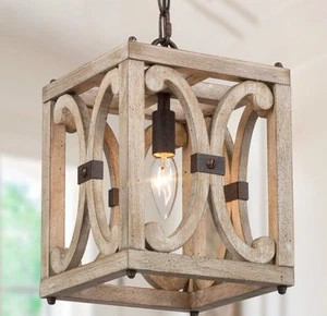 Quaint Distressed Wood Chandelier 1 Light Pendant Farmhouse - Picture 1 of 6