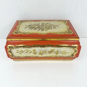 Vintage Hillers Solingen Tin Chocolate Box Western Germany Red W/ Gold Floral - Picture 1 of 8