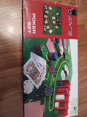 Poker Set - 36"x24" Mat, 200 Chips & Rack, Dealer & Blind Buttons, 2 Card Decks  - Image 1 of 4