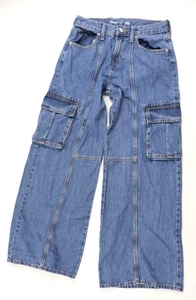 Old Navy Youth Girls 16 Blue Denim Baggy Wide Leg Cargo Pants Adjustable Waist - Picture 1 of 13