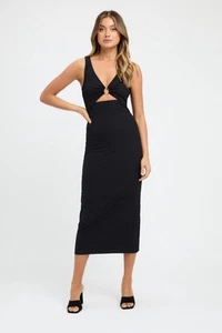 Kookai Dress Size 0 6 8 Black Midi Stretch Cut Out Ribbed Party Cocktail Lainey - Picture 1 of 10