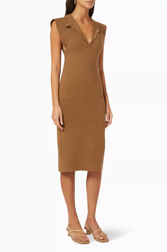 Abito polo Jacquemus La Robe marrone misto lino taglia 42 midi costine colletto spacco