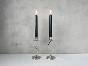 Pair vtg 90s zigzag zig zag postmodern style chrome silver metal candle holders - Picture 1 of 10