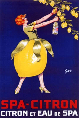 GREATVINTAGEPOSTERS SPA CITRON LEMON AND MINERAL WATER DRINK WOMAN LEMON SKIRT VINTAGE POSTER REPRO