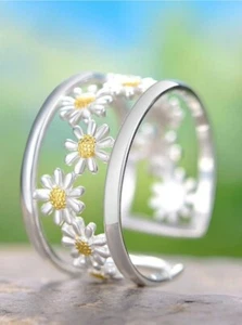 Amazing Cluster Flower Design In 935 Argentium Silver Open Cuff Women Band Ring - Picture 1 of 6