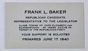 1940 Cape Elizabeth Scarborough Maine Frank Baker VTG Political Card Legislator - Picture 1 of 3