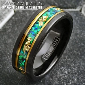 Black Tungsten Carbide Ring Green Opal with 24K Gold Foil Leaf Band Go Irish! - Picture 1 of 10