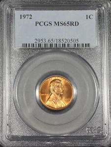 1972 P LINCOLN CENT PENNY PCGS MS65 UNC MS 65 RD CERTIFICATE # 18520505 - Picture 1 of 2